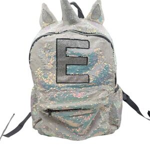 Unicorn Backpack Girls Small White Iridescent Sequin Letter E Initial Glitter